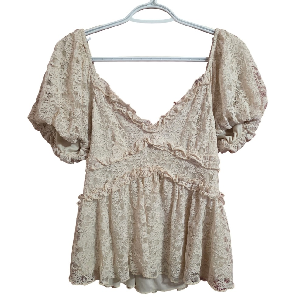 Altar'd State Ivory Lace Puff Sleeve Peplum Blouse Coquette Fairy Top